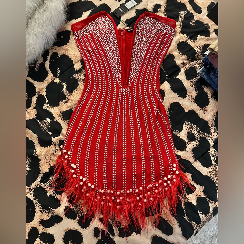 Red Beaded Fringe Party Dress